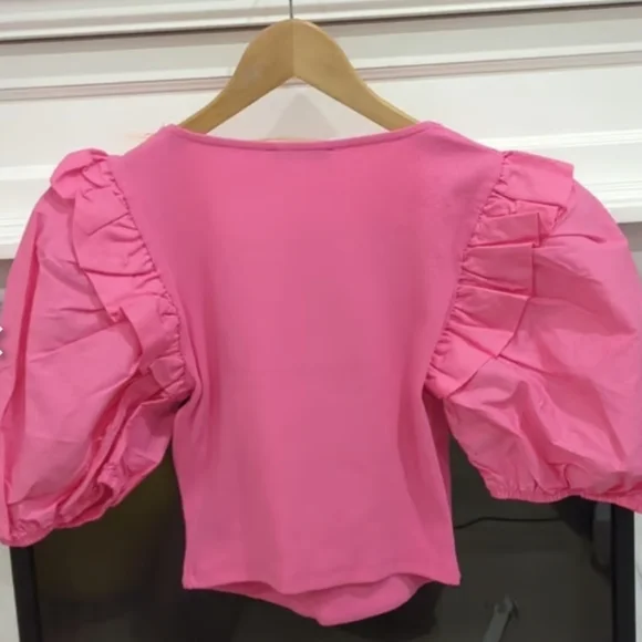 ZARA  | Women's Pink Square Neck Puffed Sleeve Crop Top - Picture 5 of 5